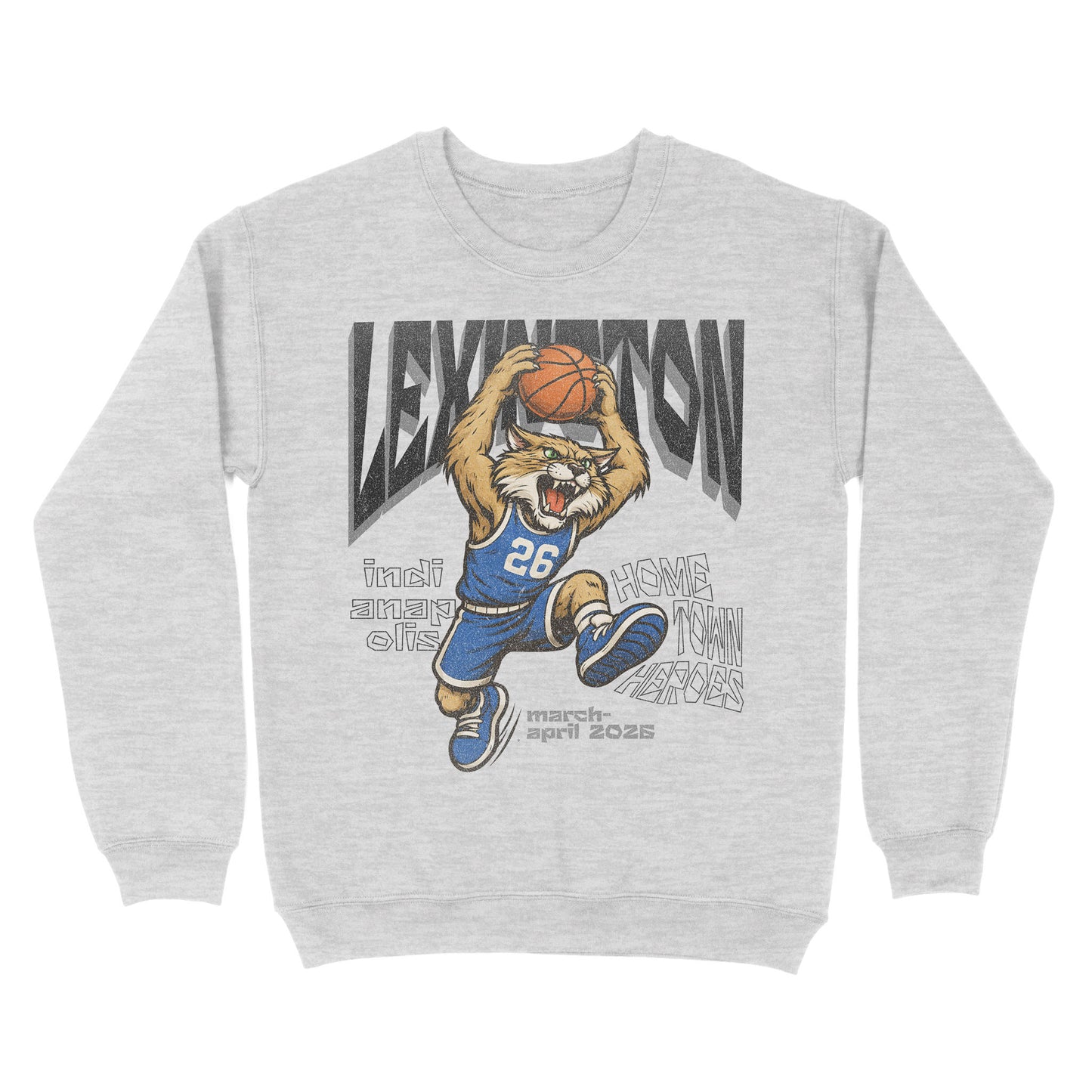 Gray sweatshirt with a cartoon lion holding a basketball and text on a white background