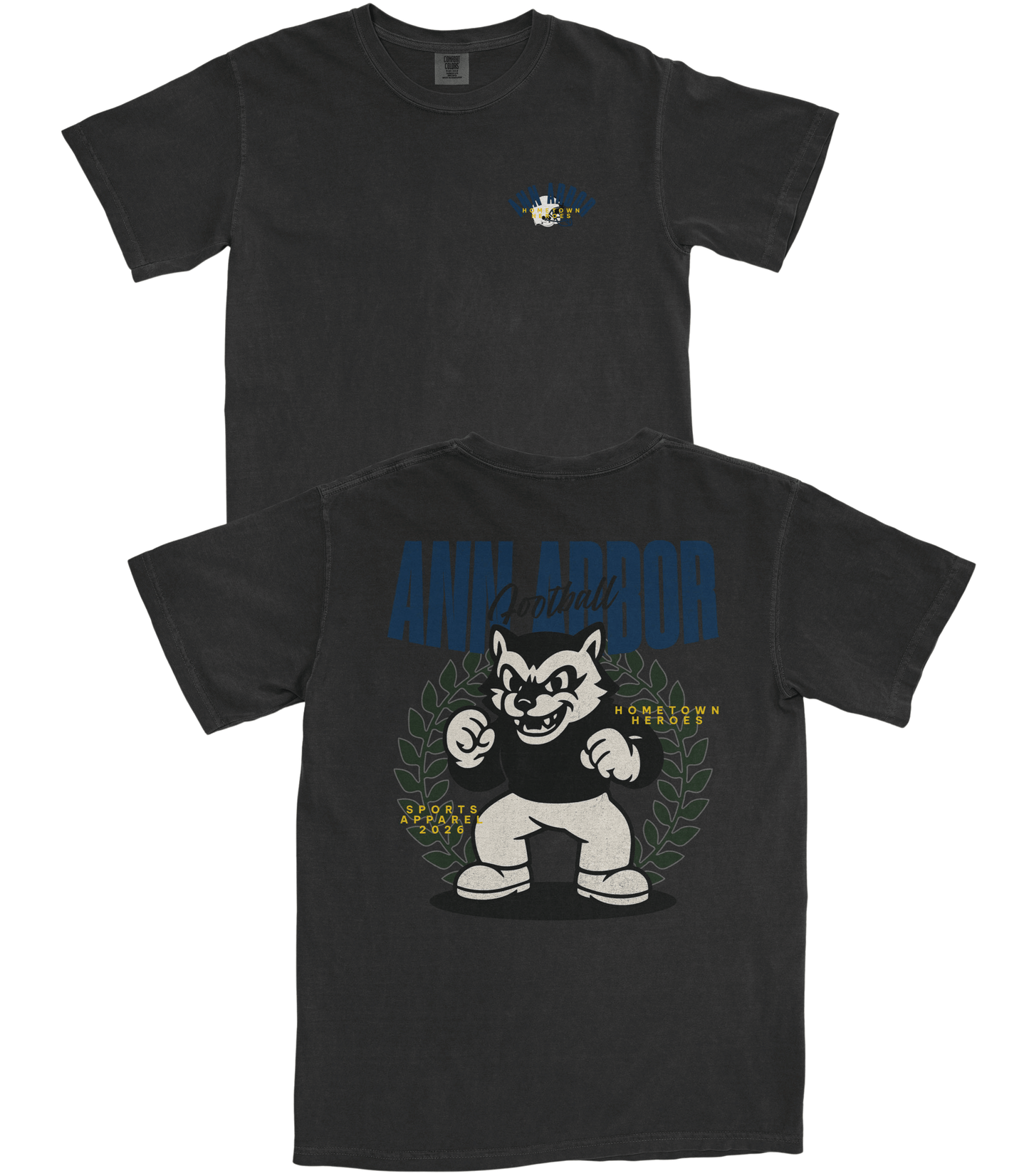Black t-shirt with a graphic of a bear and text on the front and back
