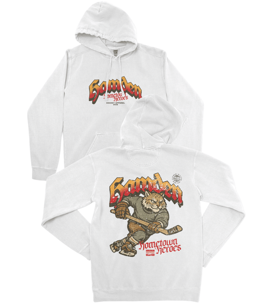 White hoodie with graphic design and text on a white background