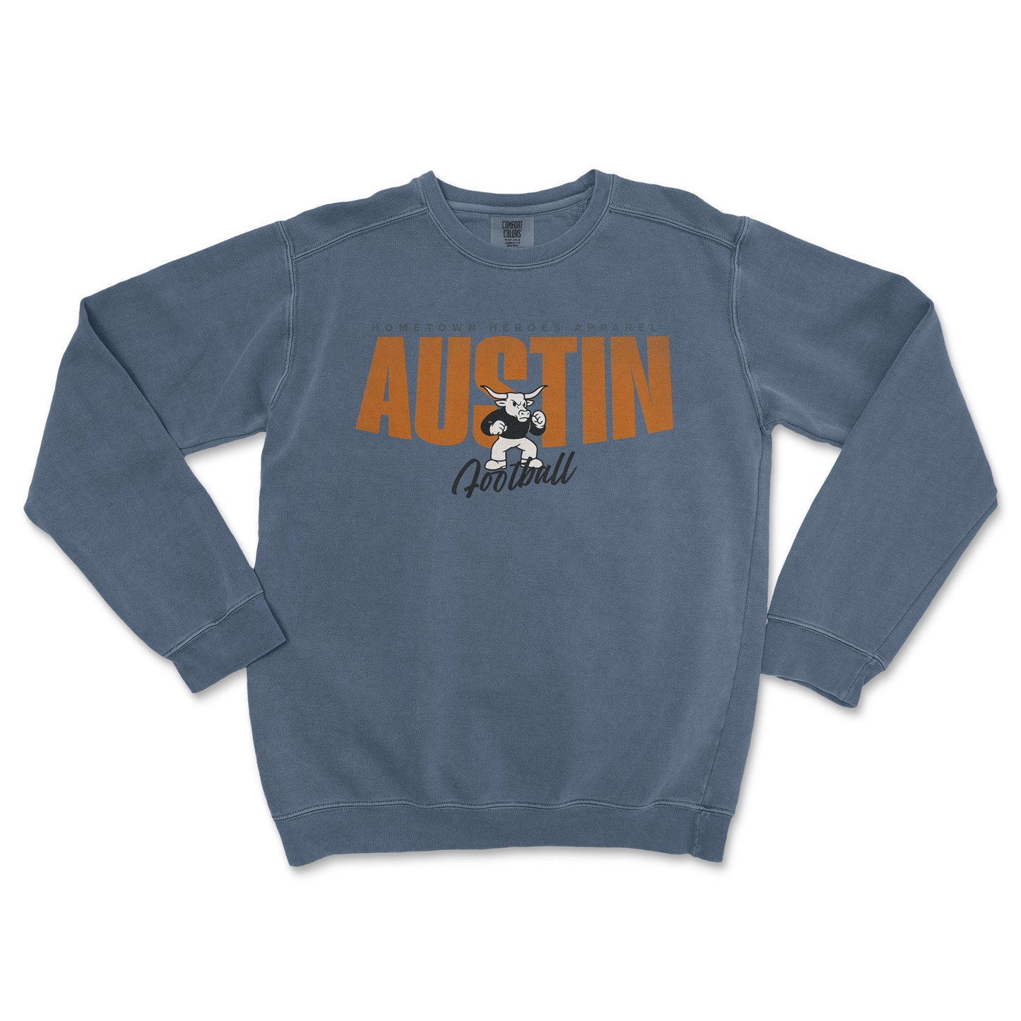 Blue sweatshirt with 'AUSTIN Football' text and graphic on a white background