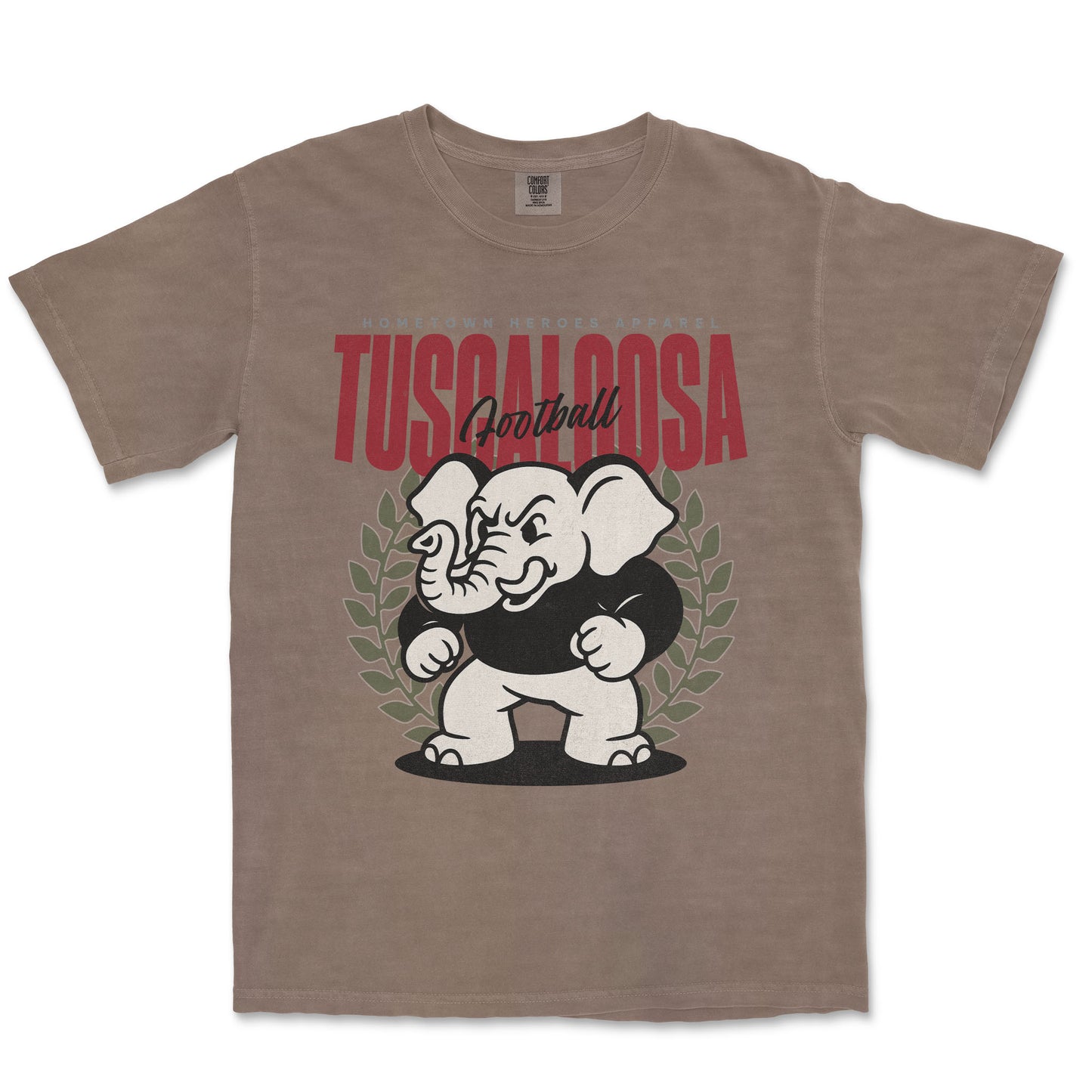 Brown t-shirt with a graphic of an elephant and 'Tuscaloosa' text on a white background