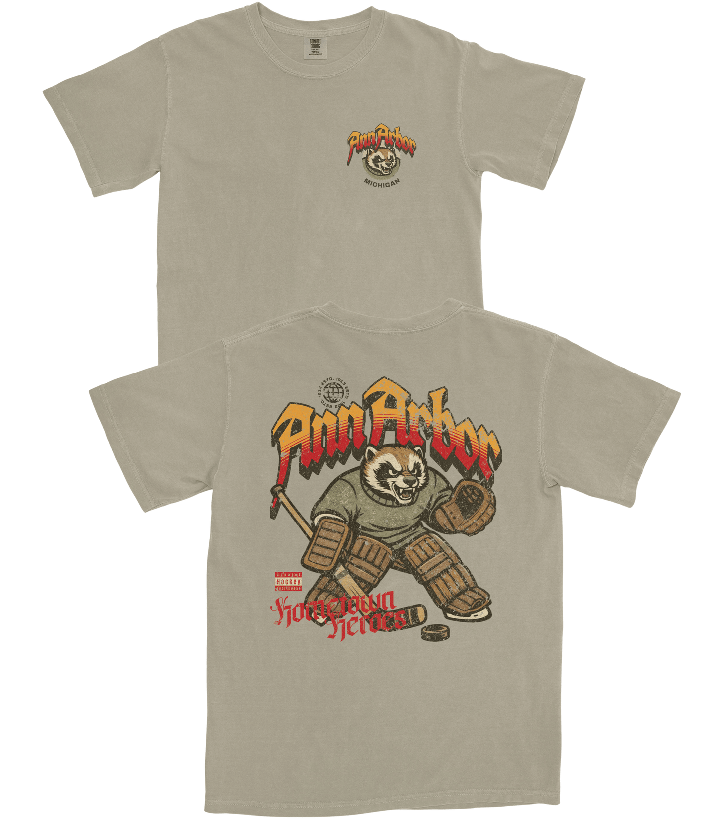 Beige t-shirt with graphic design of a hockey player and text on a white background