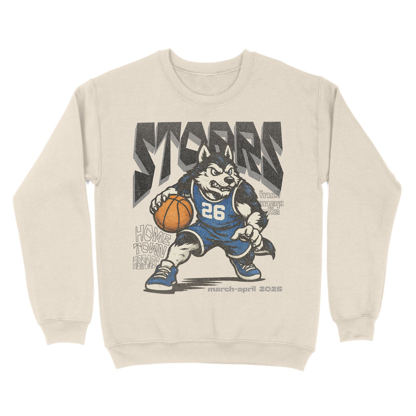Beige sweatshirt with a graphic of a dog playing basketball and text on a white background