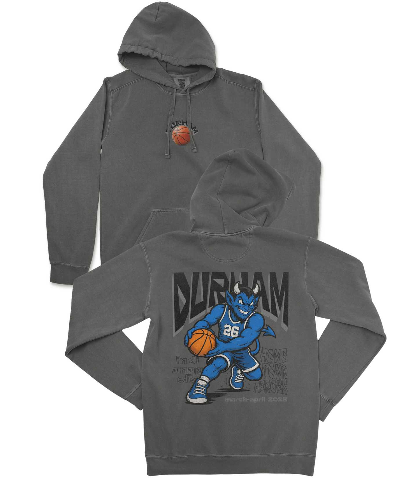 Gray hoodie with 'Durham' and basketball design on a white background