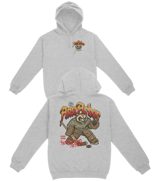Gray hoodie with graphic design on a white background