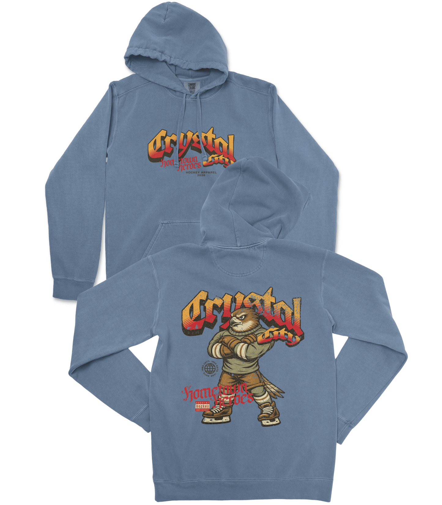 Blue hoodie with 'Crystal' graphic design on a white background