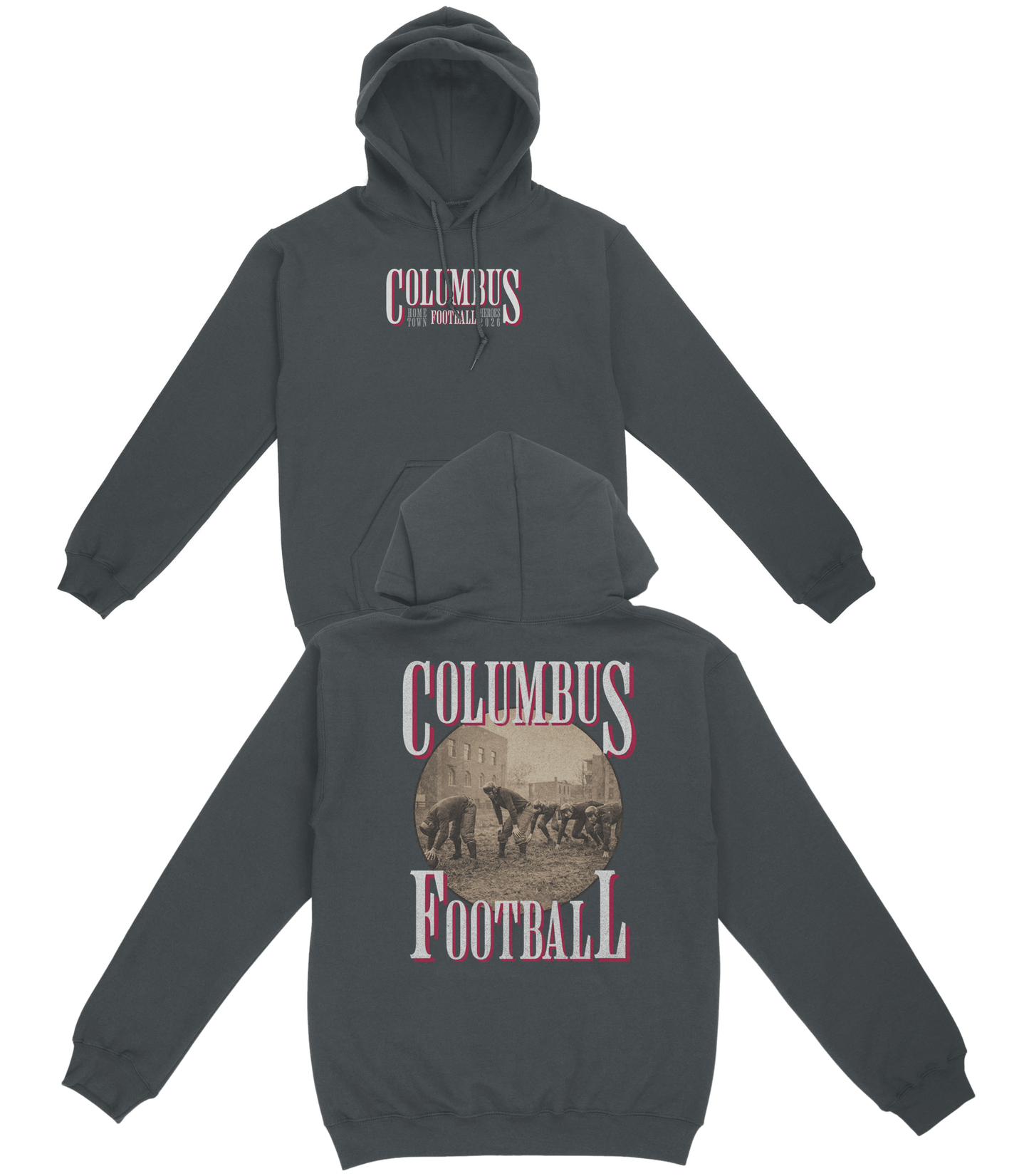Dark gray hoodie with 'Columbus Football' text on front and back, on a white background