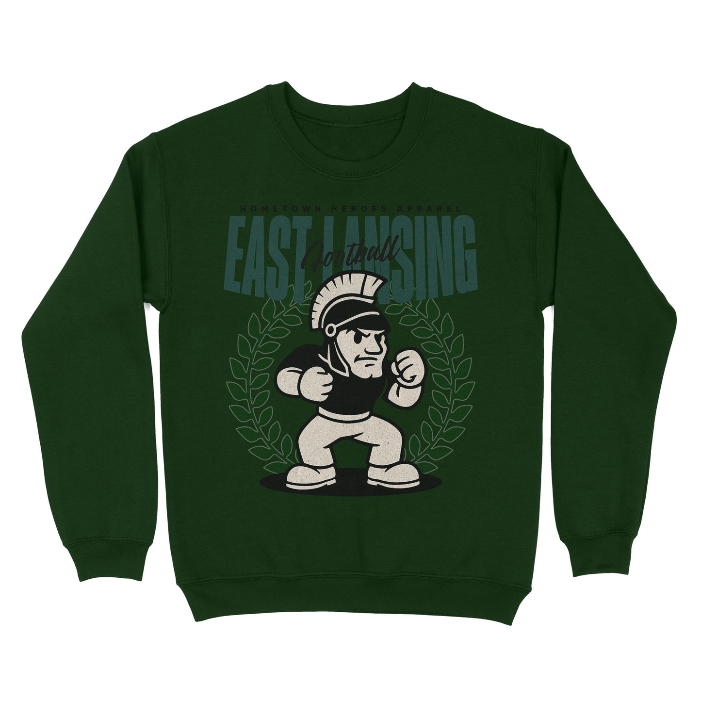 Green sweatshirt with a graphic design of a cartoon character and 'East Lansing' text on a white background