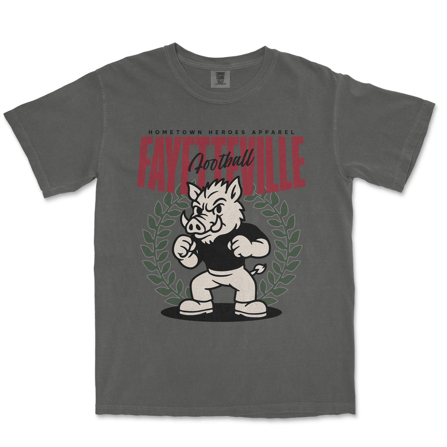 Gray t-shirt with a graphic of a boar and text on a white background