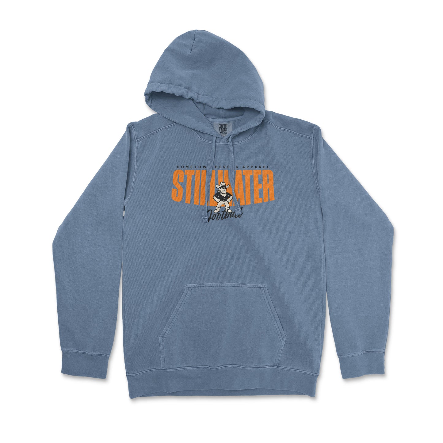 Blue hoodie with orange text and graphic on a white background