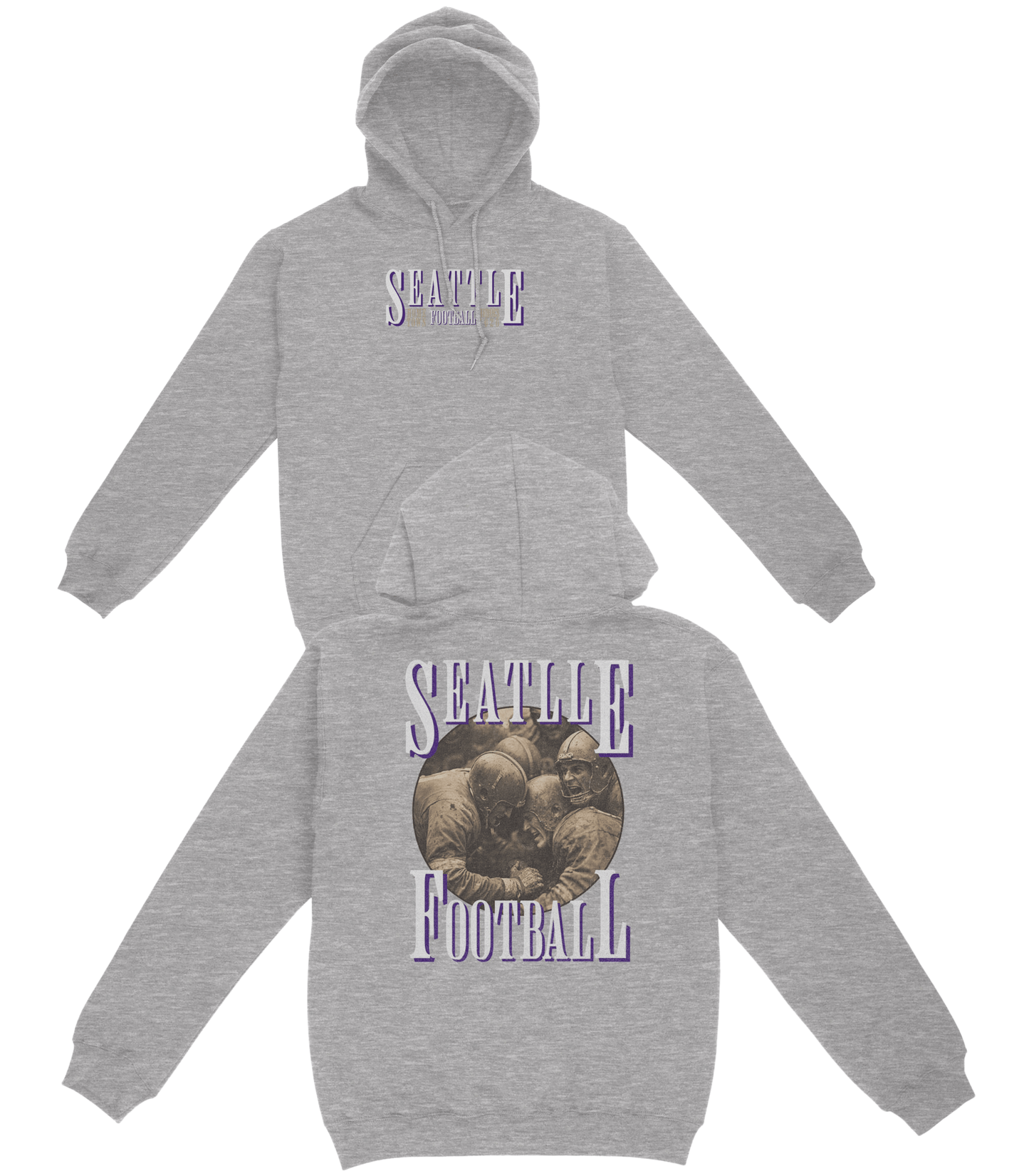 Gray hoodie with 'Seattle Football' text and bear graphic on a white background