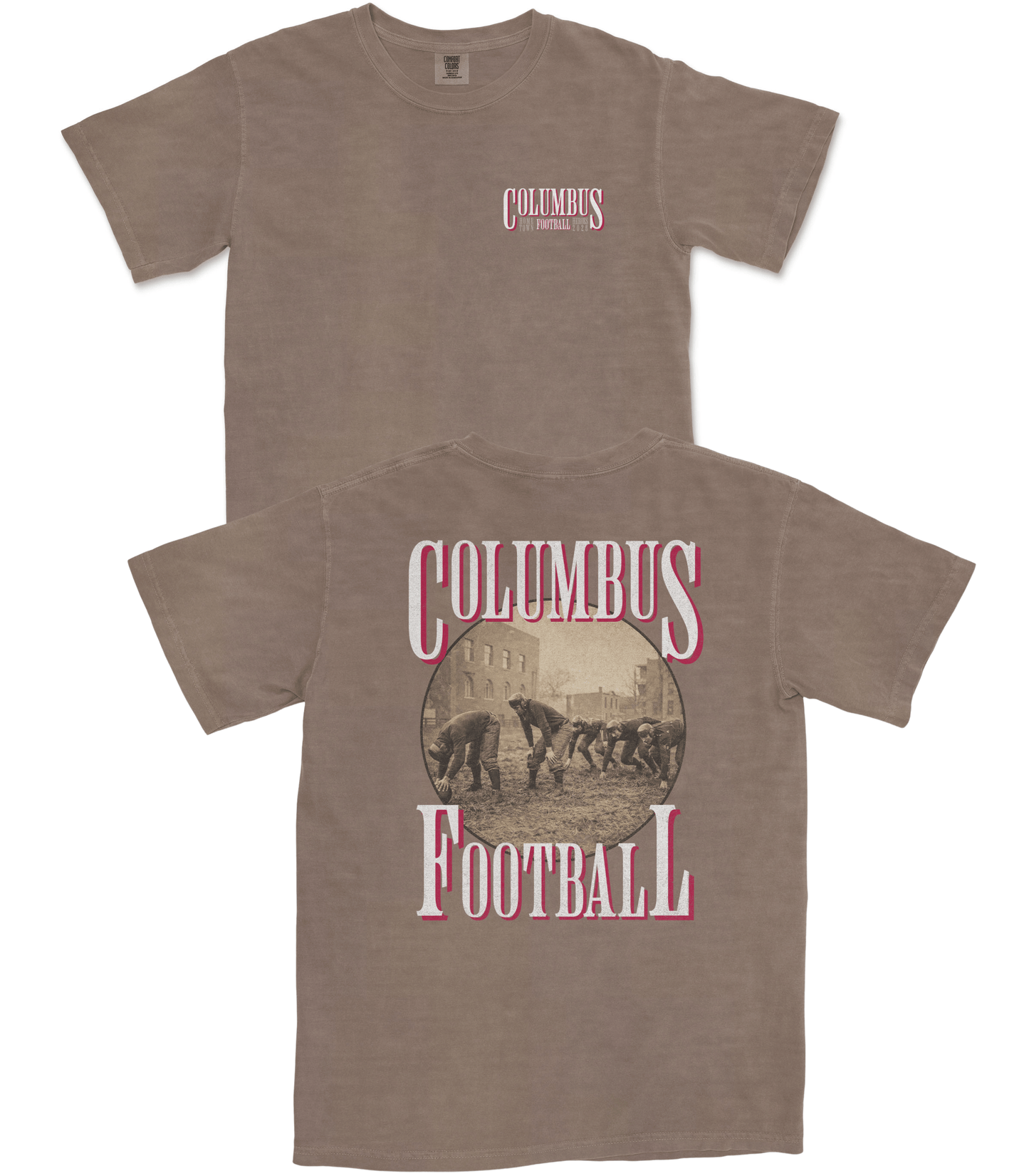 Brown t-shirt with 'Columbus Football' design on a white background