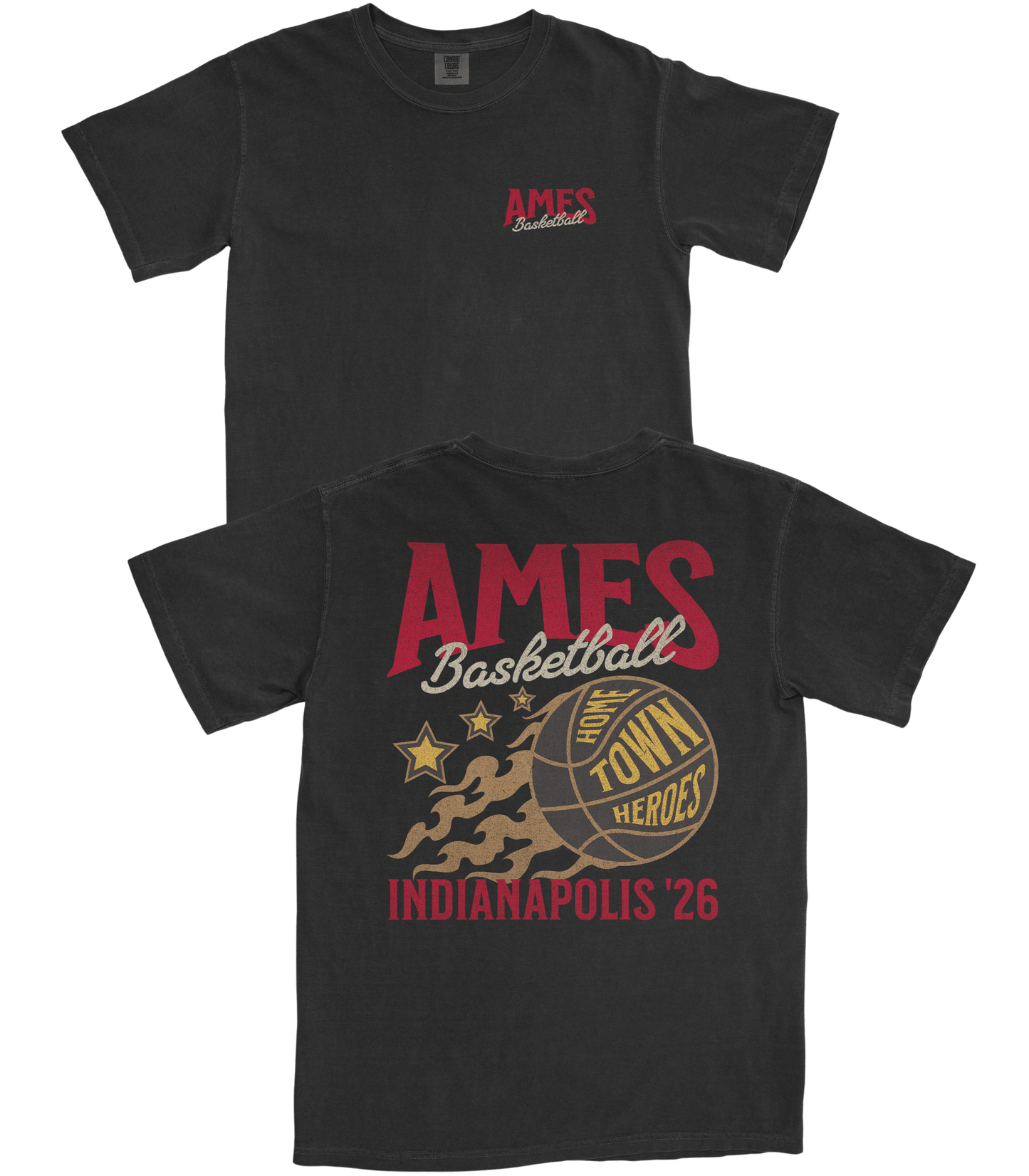 Black t-shirt with 'Ames Basketball' design on a white background