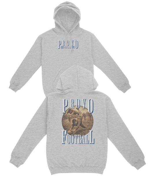 Gray hoodie with 'Provo Football' text and design on a white background