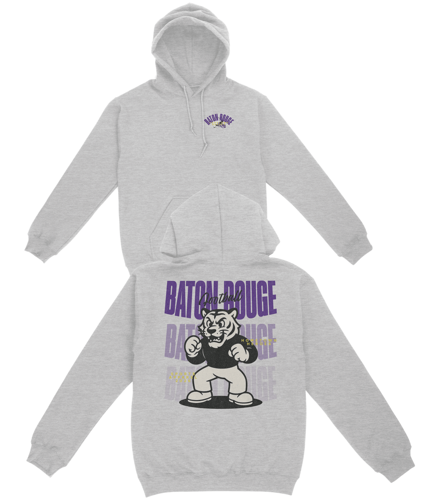 Gray hoodie with 'Baton Rouge' and a bear graphic on a white background