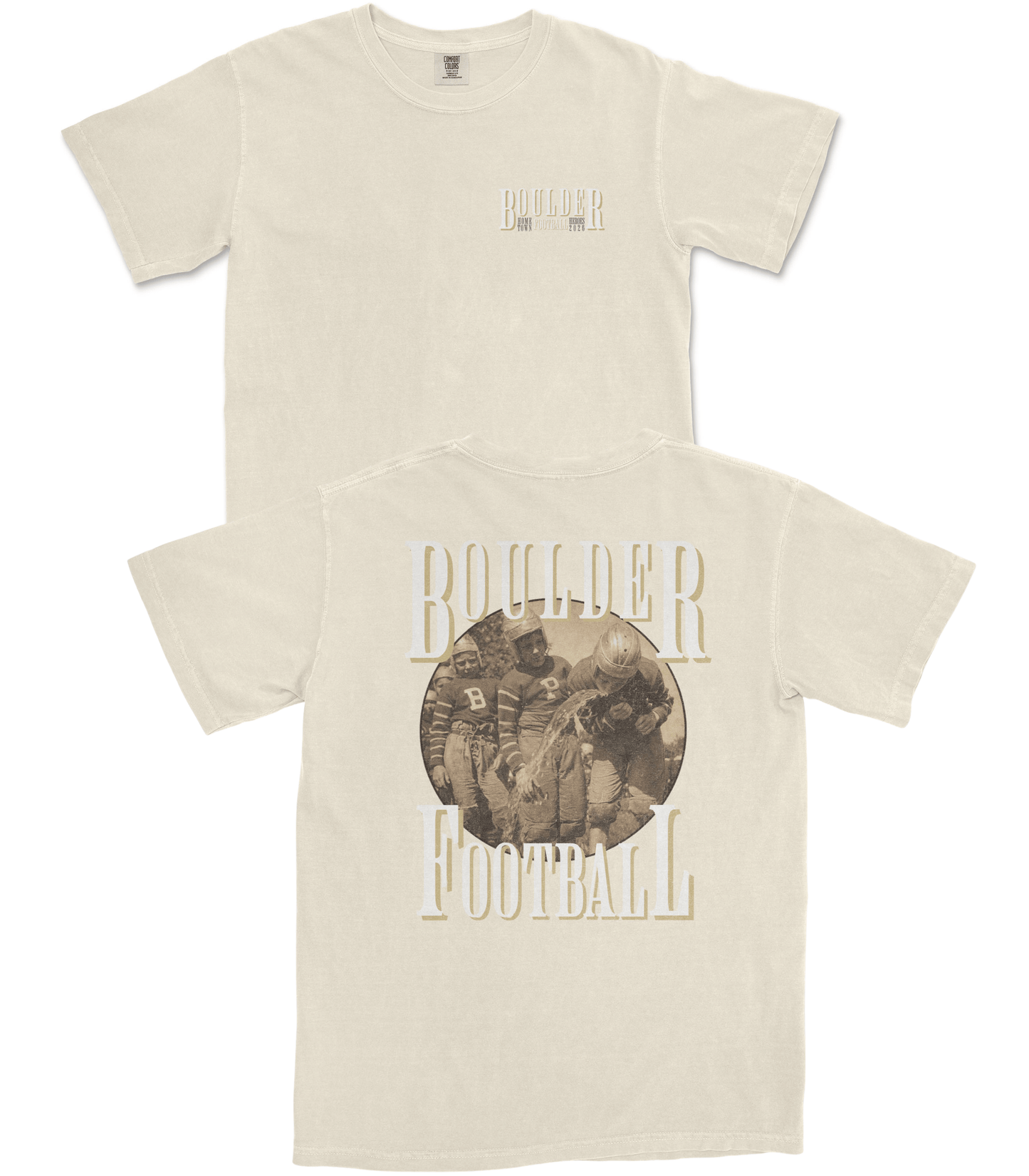 Beige t-shirt with graphic design and text on a white background