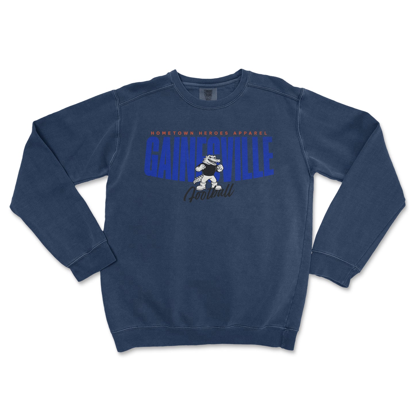 Navy blue sweatshirt with 'Gainesville' and mascot design on a white background