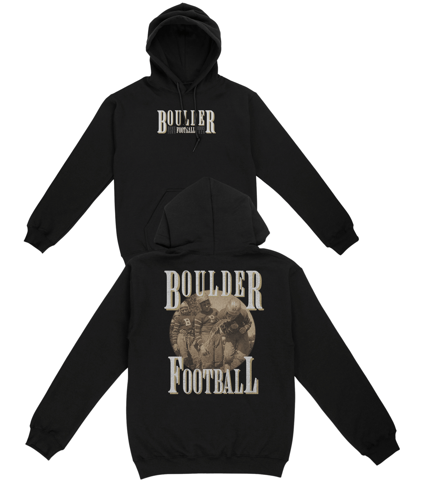 Black hoodie with 'Boulder Football' text on front and back, displayed on a white background.