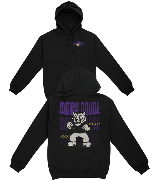 Black hoodie with graphic design on a white background