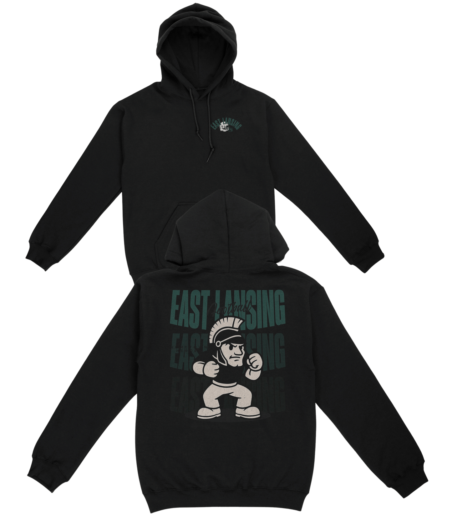 Black hoodie with 'East Lansing' and mascot graphic on a white background