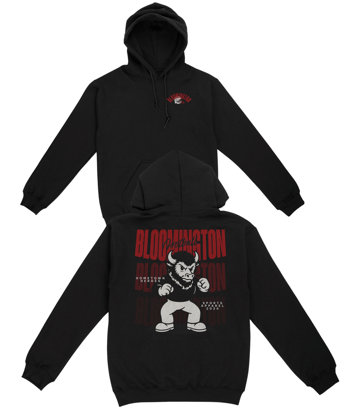 Black hoodie with graphic design on front and back on a white background