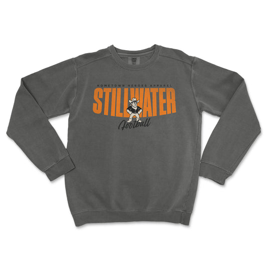 Gray sweatshirt with 'STILLWATER' printed in orange and black on a white background