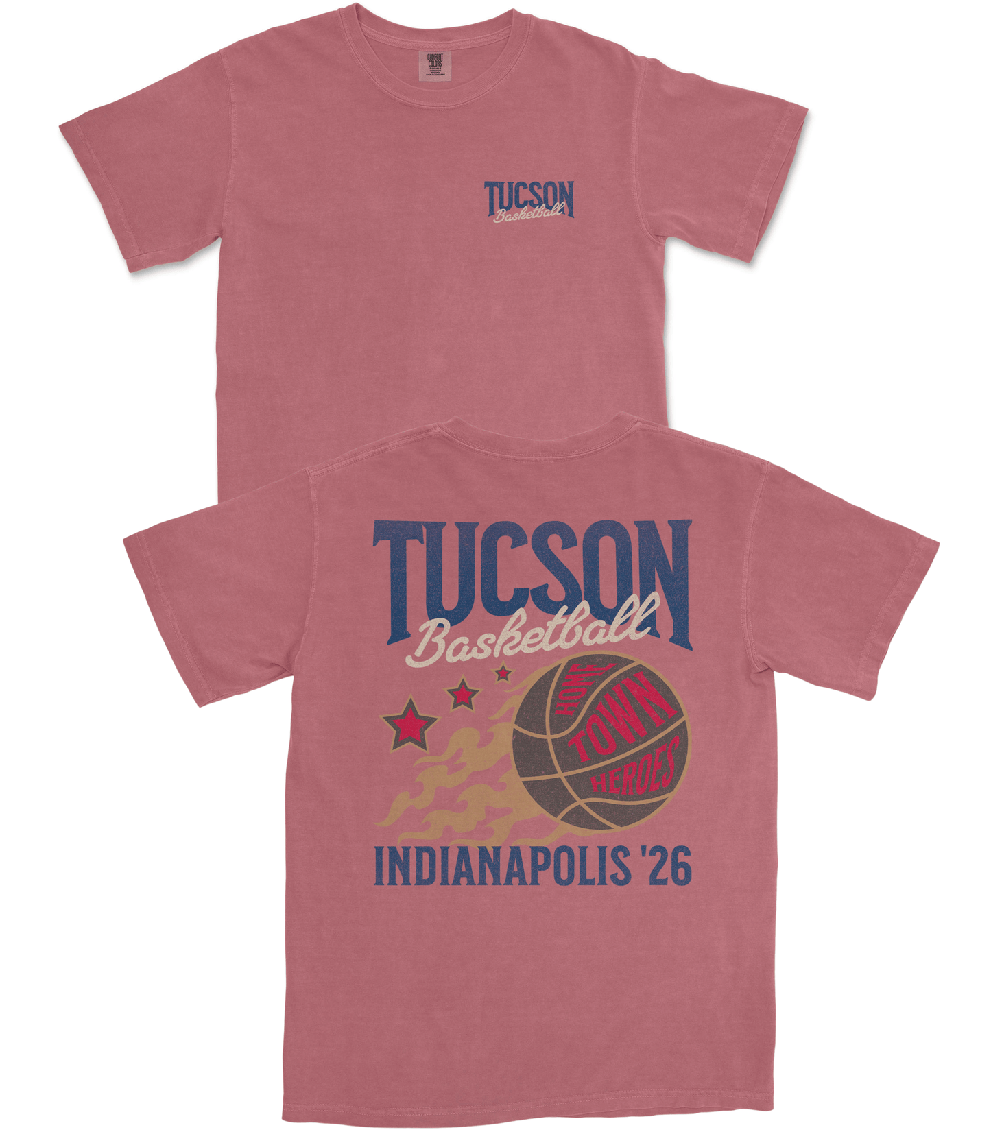 Red t-shirt with 'Tucson Basketball' design on a white background