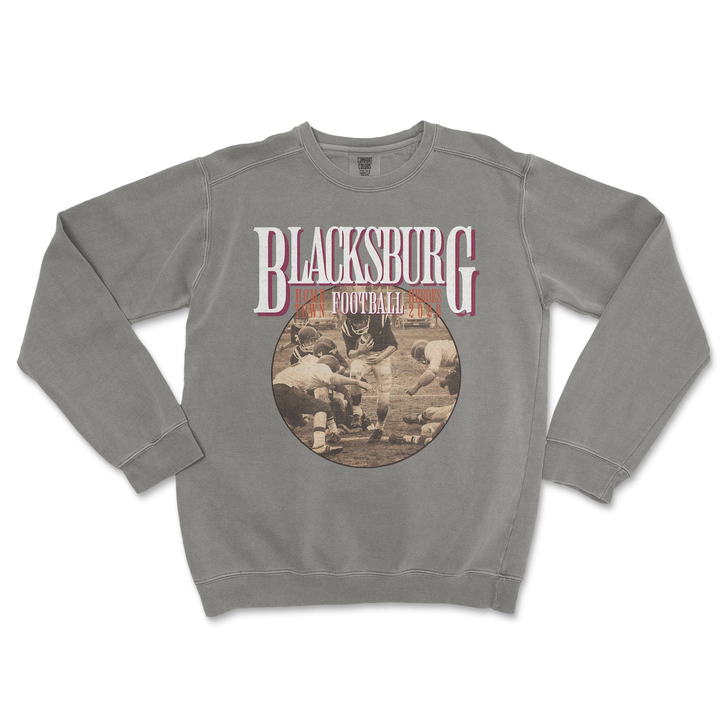 Gray sweatshirt with 'Blacksburg Football' design on a white background