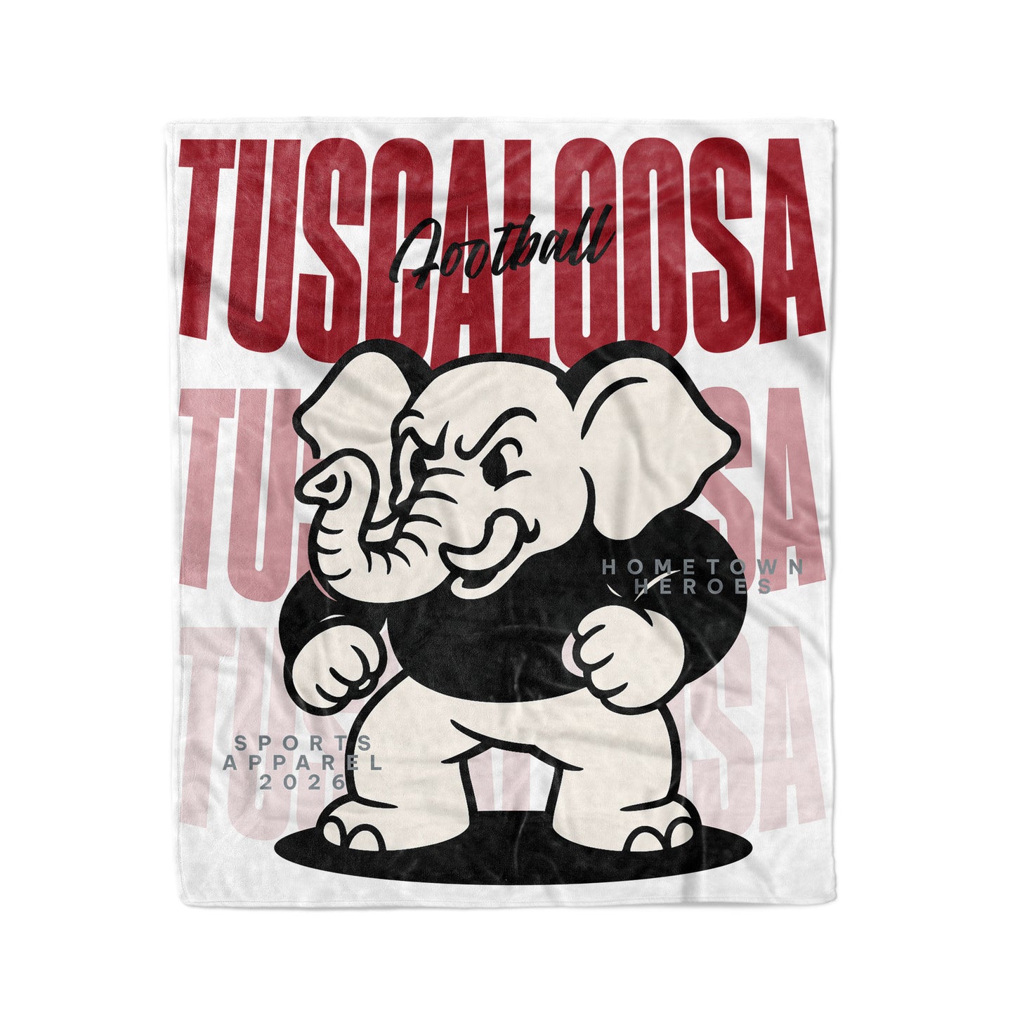 Fleece blanket with Tuscaloosa football design featuring an elephant and text.