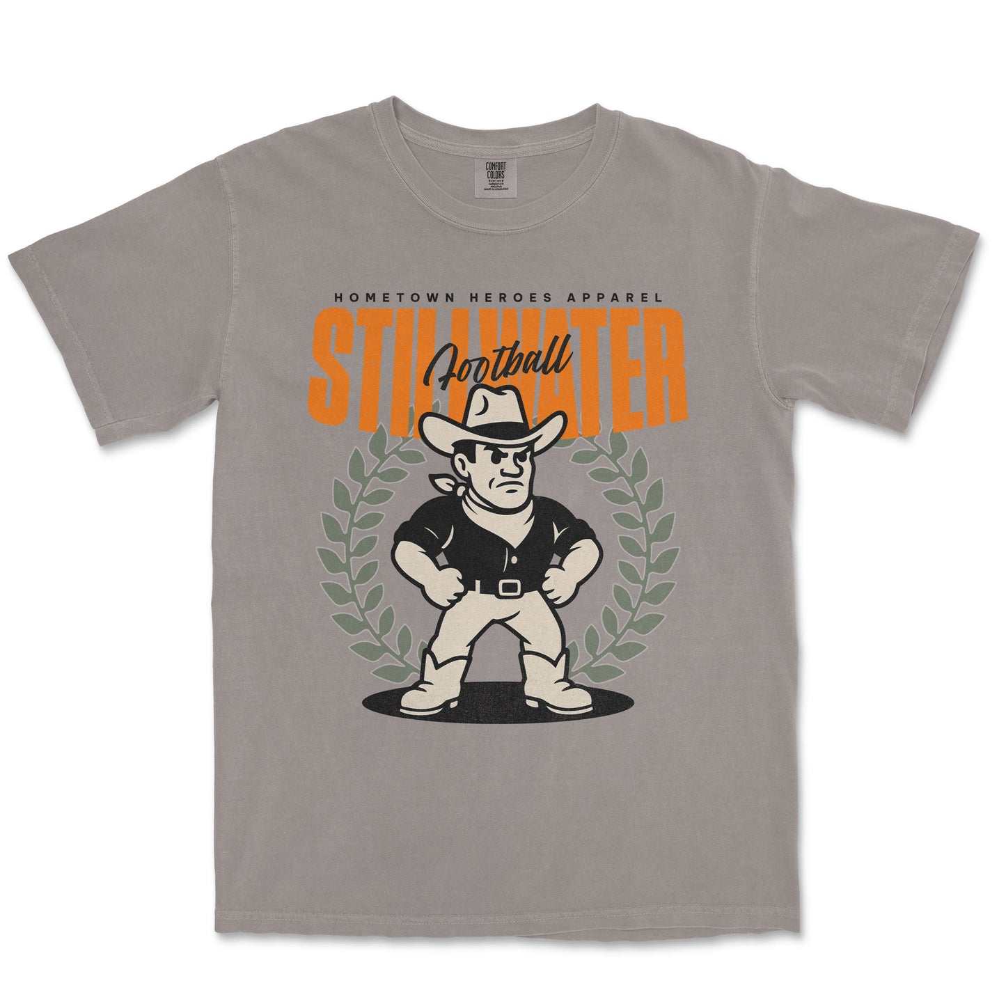 Gray t-shirt with a graphic of a cowboy and text on a white background