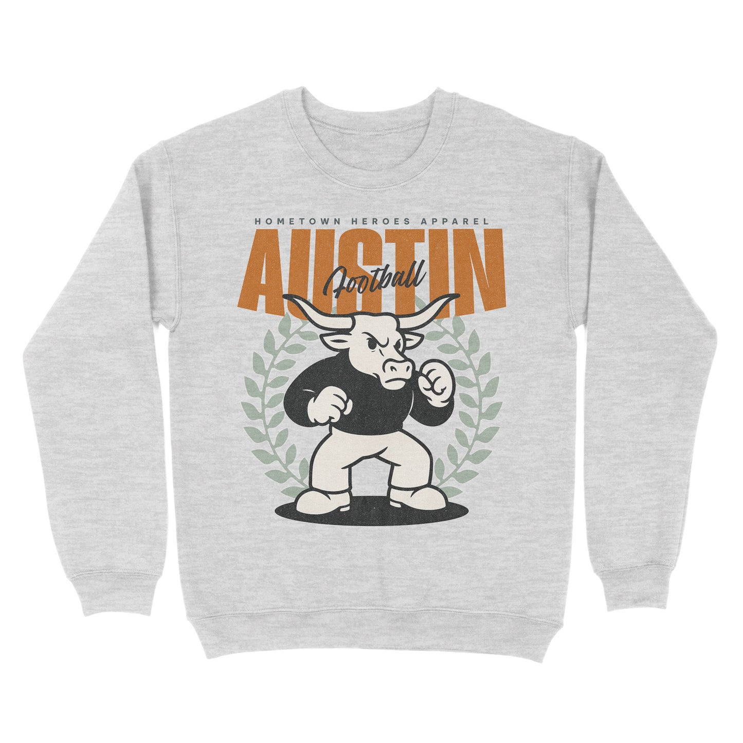 Gray sweatshirt with a bull graphic and 'Austin Football' text on a white background