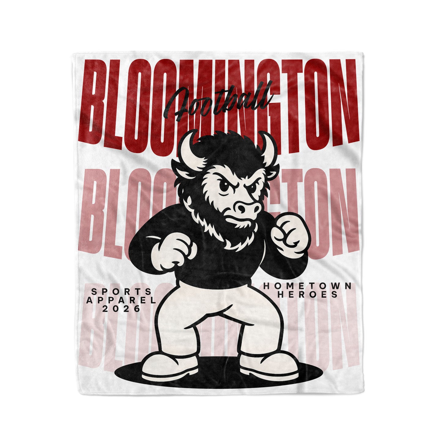 Fleece blanket with a cartoon bull mascot and text about Bloomington sports apparel.
