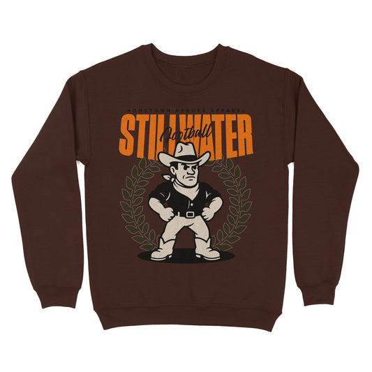 Brown sweatshirt with a graphic of a cowboy and 'Stullhatter' text on a white background