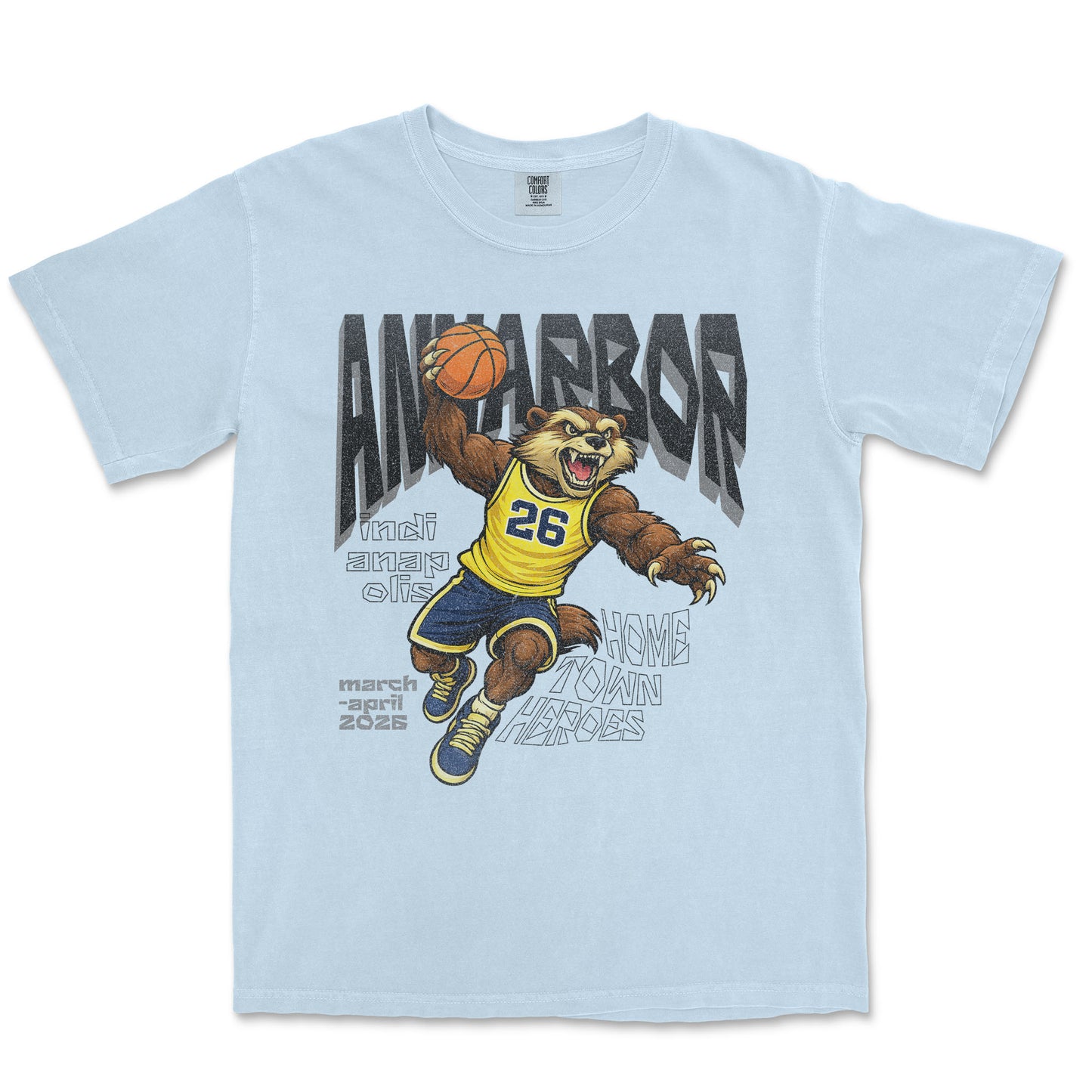 Light blue t-shirt with a bear holding a basketball and 'Ann Arbor' text on a white background