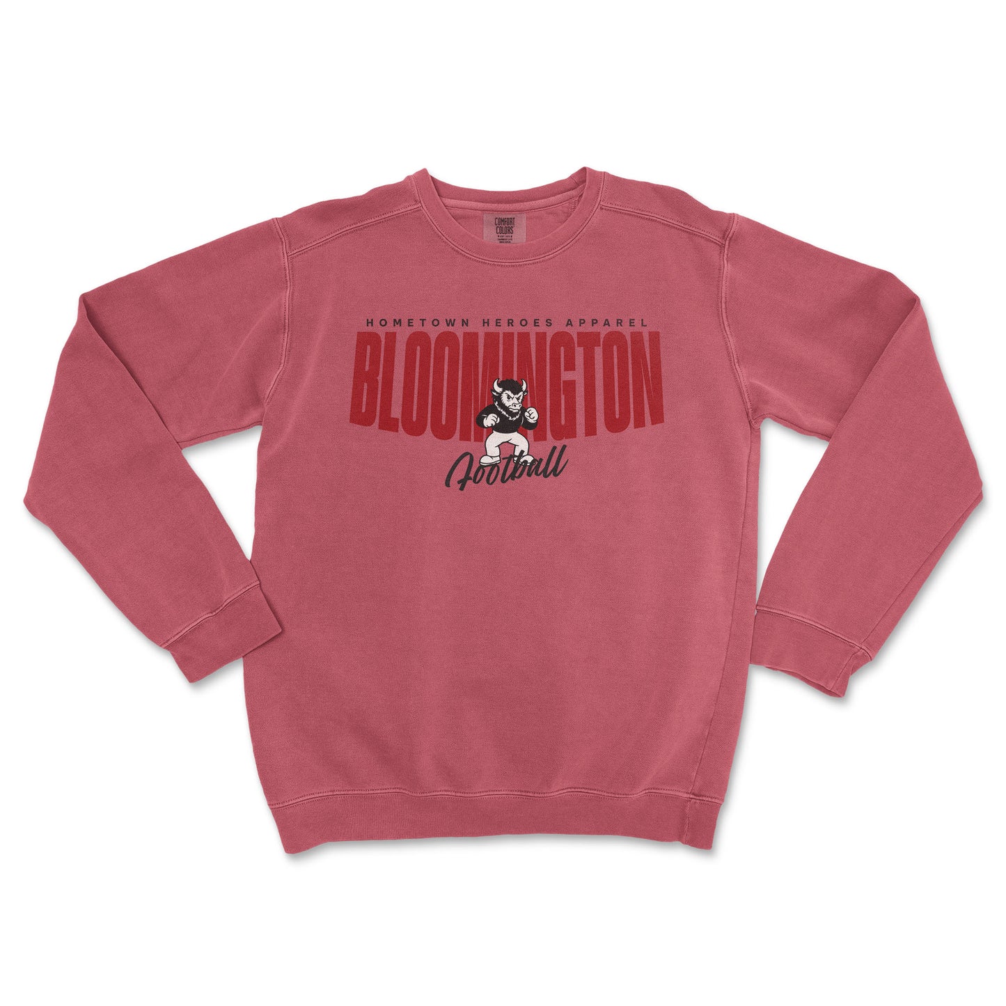 Red sweatshirt with 'Hometown Heroes Apparel' and 'Bloomington Football' text on a white background