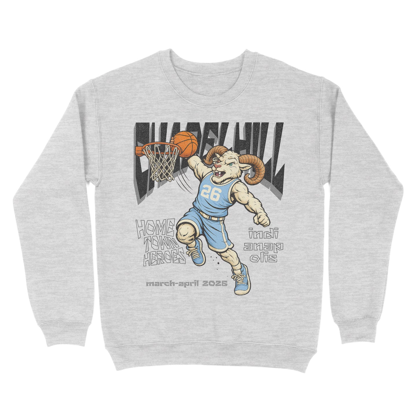 Gray sweatshirt with a graphic of a ram playing basketball and text on a white background