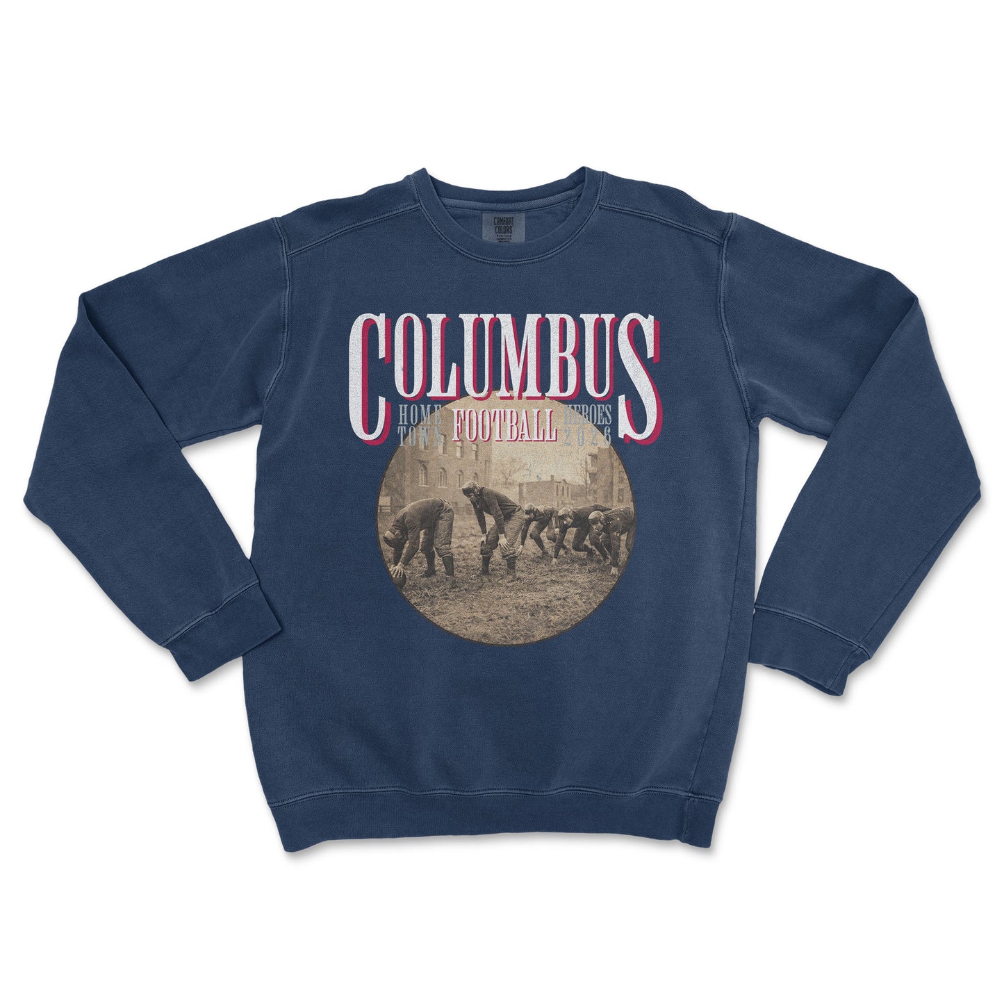Navy blue sweatshirt with 'Columbus Football' graphic on a white background