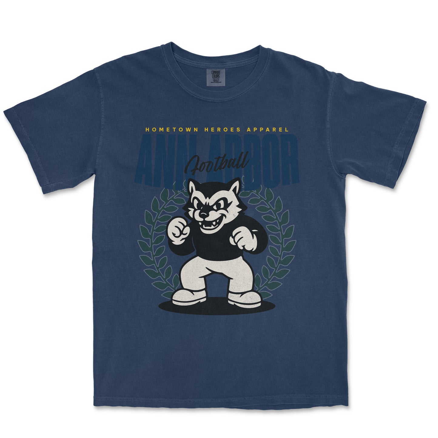 Navy blue t-shirt with a graphic of a mascot and text on a white background