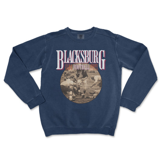 Navy blue sweatshirt with 'Blacksburg Football' graphic on a white background