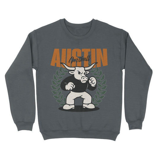 Gray sweatshirt with a bull graphic and 'Austin Football' text on a white background