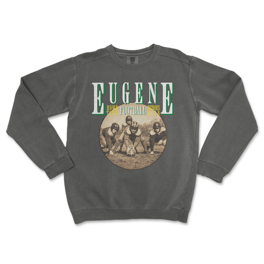 Gray sweatshirt with 'Eugene Football' graphic on a white background
