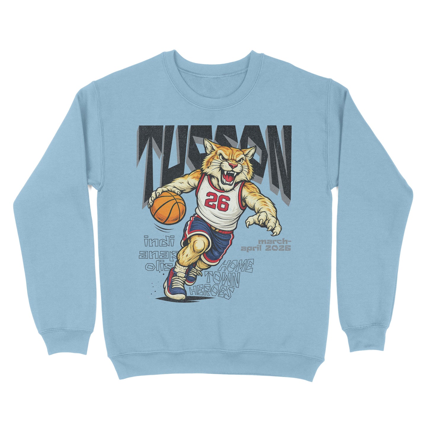 Light blue sweatshirt with a tiger basketball player graphic on a white background