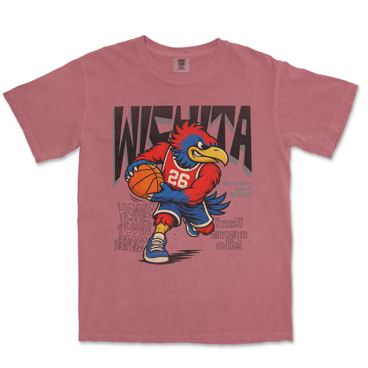 Red t-shirt with a cartoon mascot holding a basketball on a white background