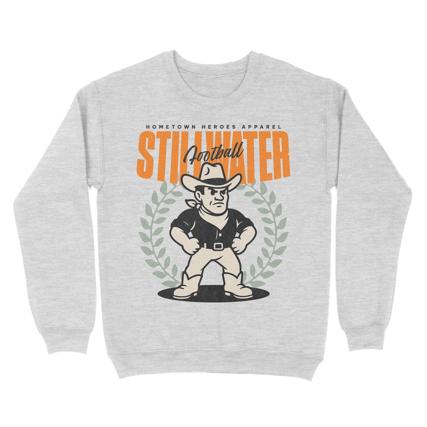Gray sweatshirt with a graphic of a cowboy and 'Stillwater' text on a white background