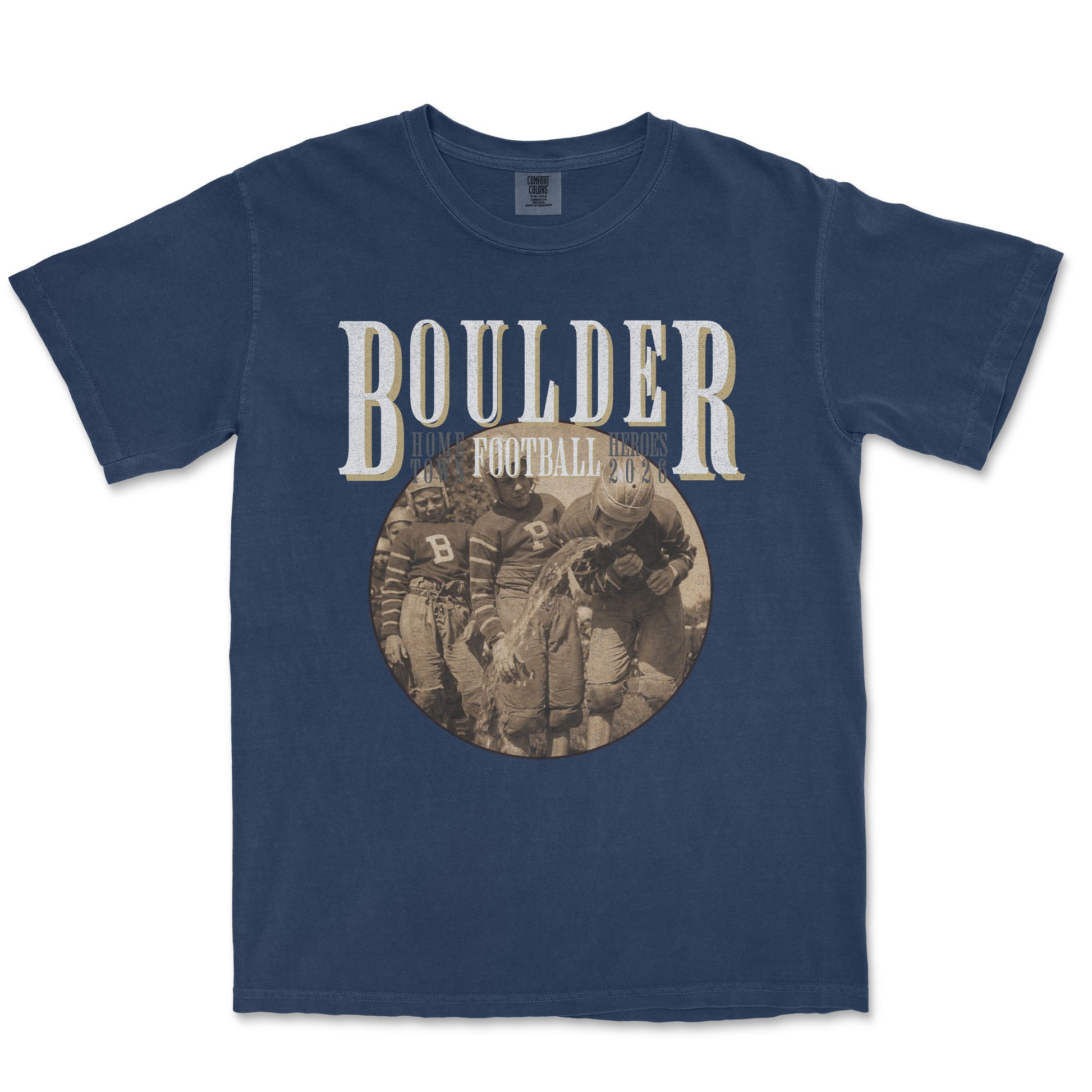 Navy blue t-shirt with 'Boulder Football' graphic on a white background