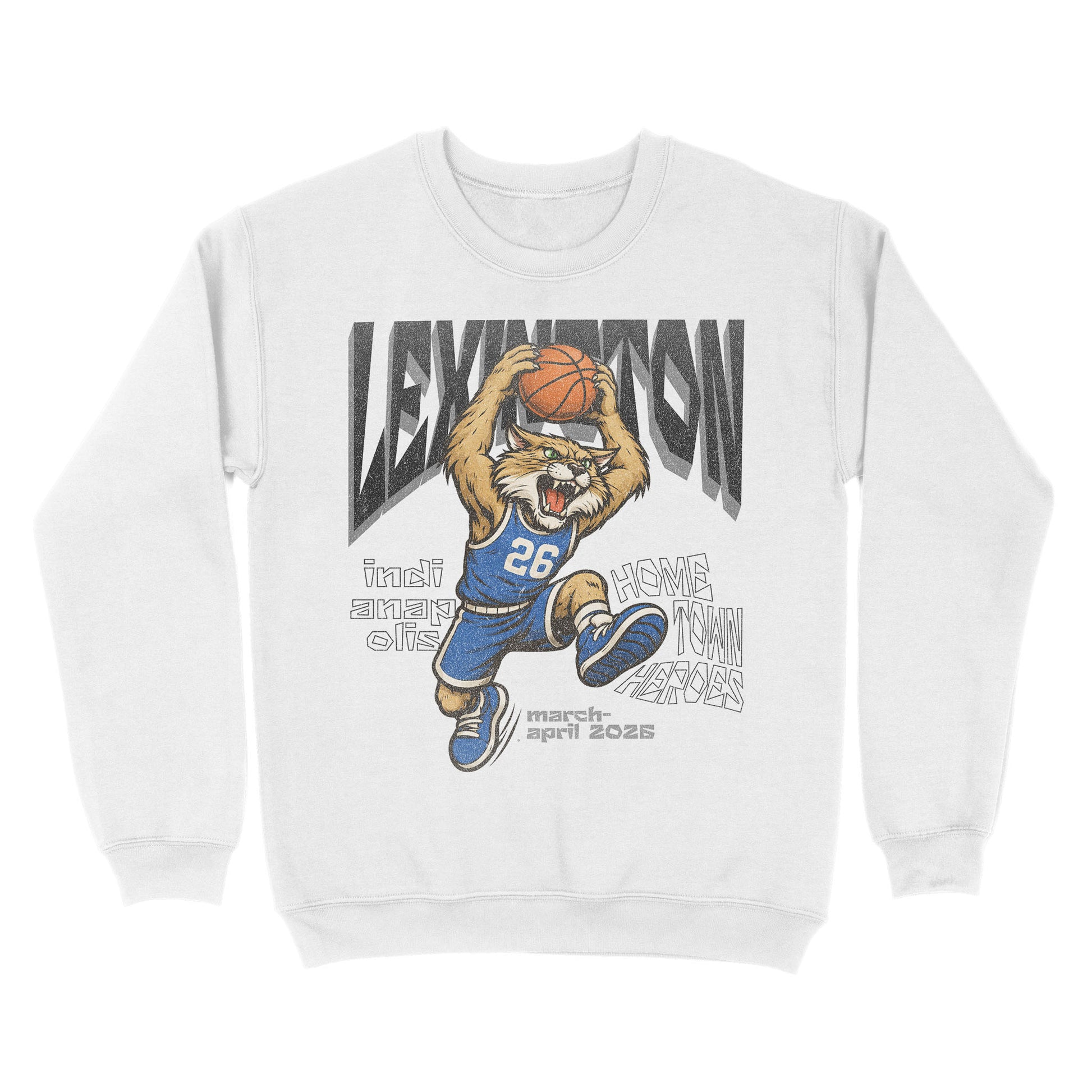 White sweatshirt with a cartoon lion holding a basketball and text on a white background
