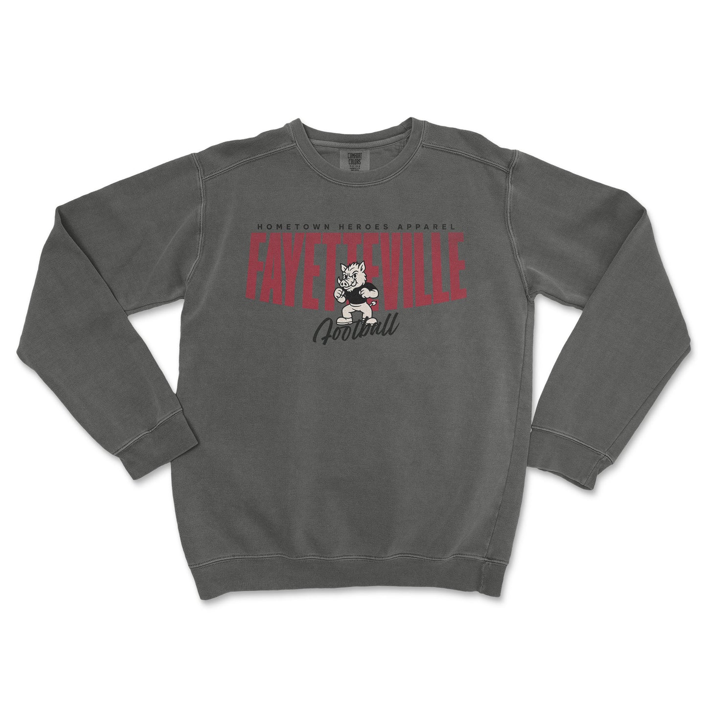 Gray sweatshirt with red and black text and graphics on a white background