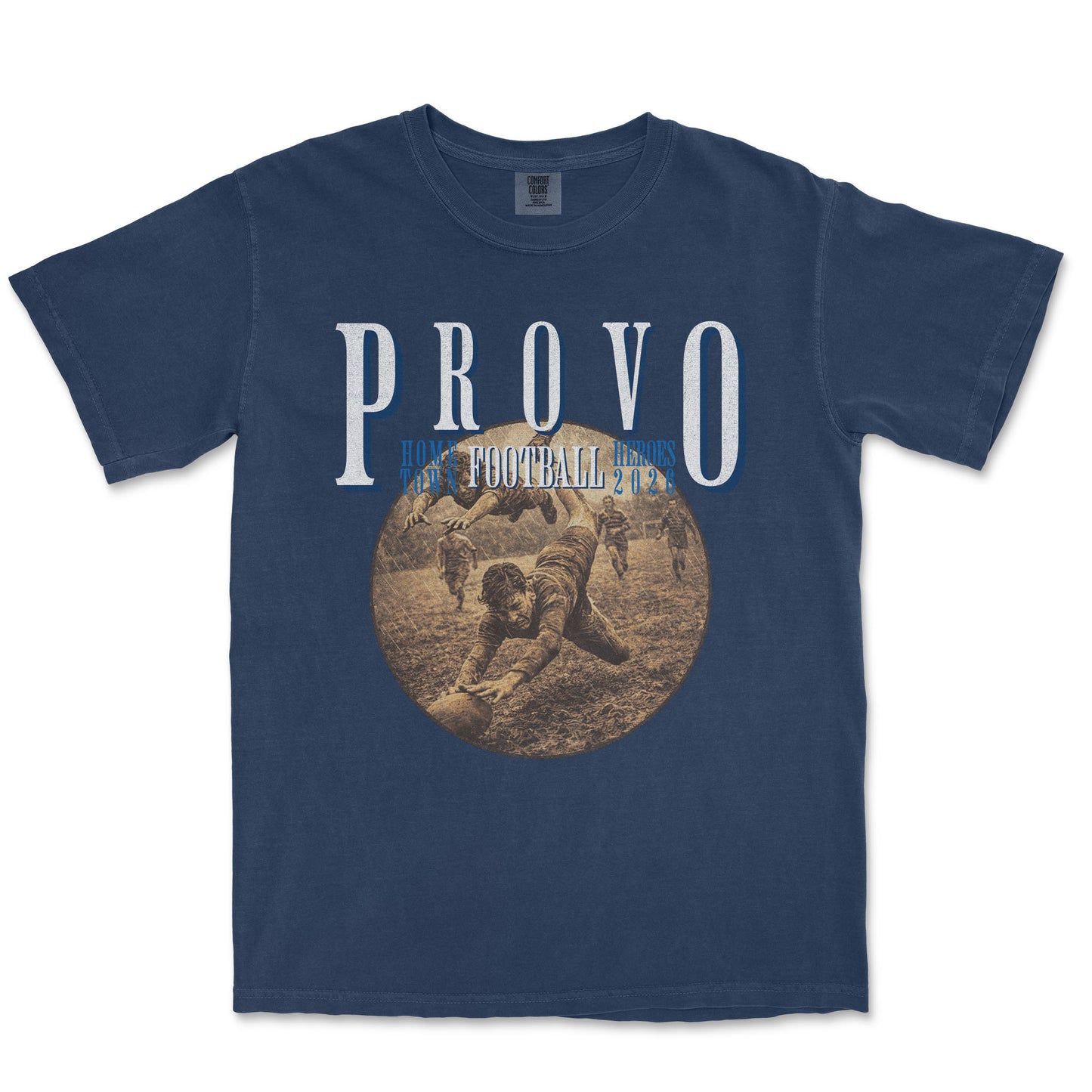 Navy blue t-shirt with 'PROVO' and vintage-style graphic on a white background