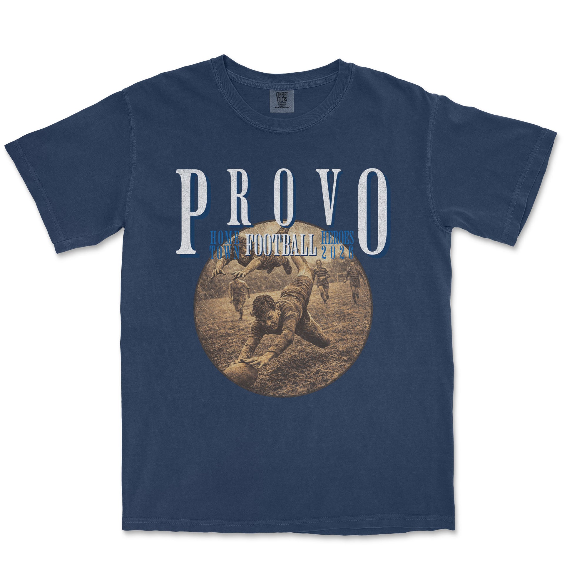 Navy blue t-shirt with 'PROVO' and vintage-style graphic on a white background