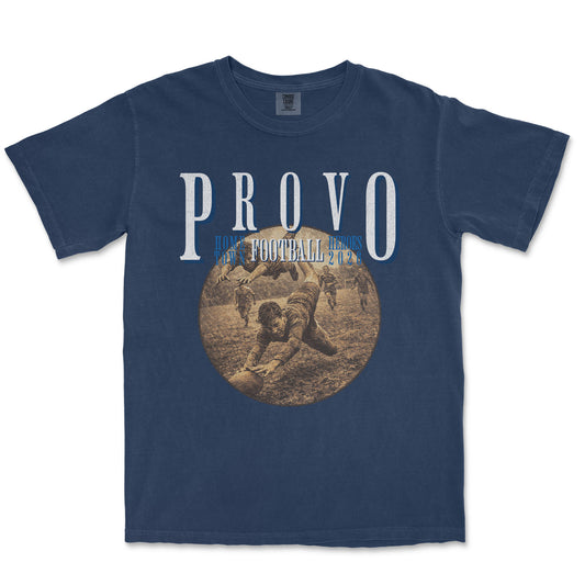 Navy blue t-shirt with 'PROVO' and vintage-style graphic on a white background
